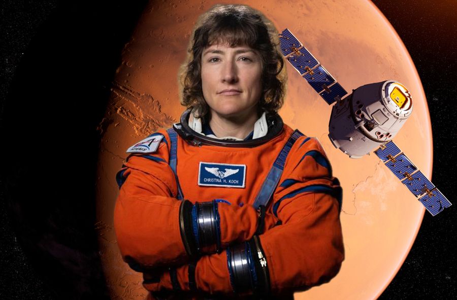 Astronautka Christina Hammock Koch pozuje na tle Marsa