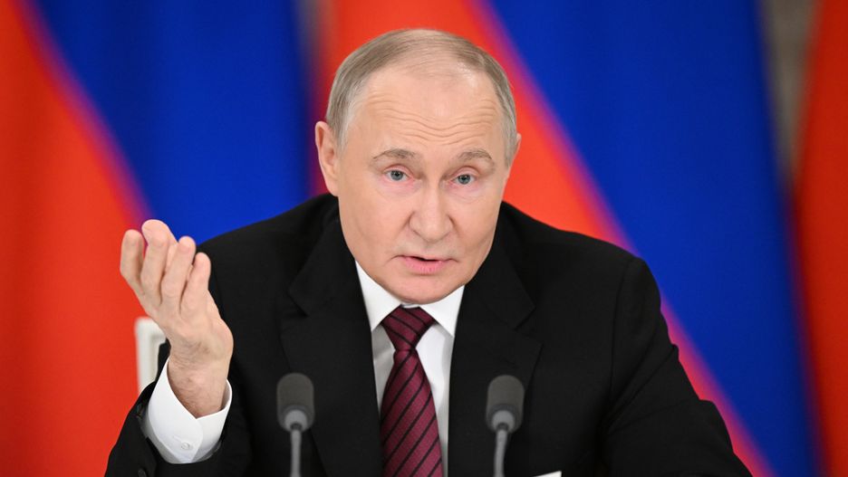 MOSCOW, RUSSIA - MAY 10: (----EDITORIAL USE ONLY - MANDATORY CREDIT - 'SERGEY BOBYLEV / HOST PHOTO AGENCY RIA NOVOSTI / HANDOUT' - NO MARKETING NO ADVERTISING CAMPAIGNS - DISTRIBUTED AS A SERVICE TO CLIENTS----) President of Russia Vladimir Putin makes a speech during a press conference in Moscow, Russia on May 10, 2025. (Photo by Sergey Bobylev / RIA Novosti/Anadolu via Getty Images)