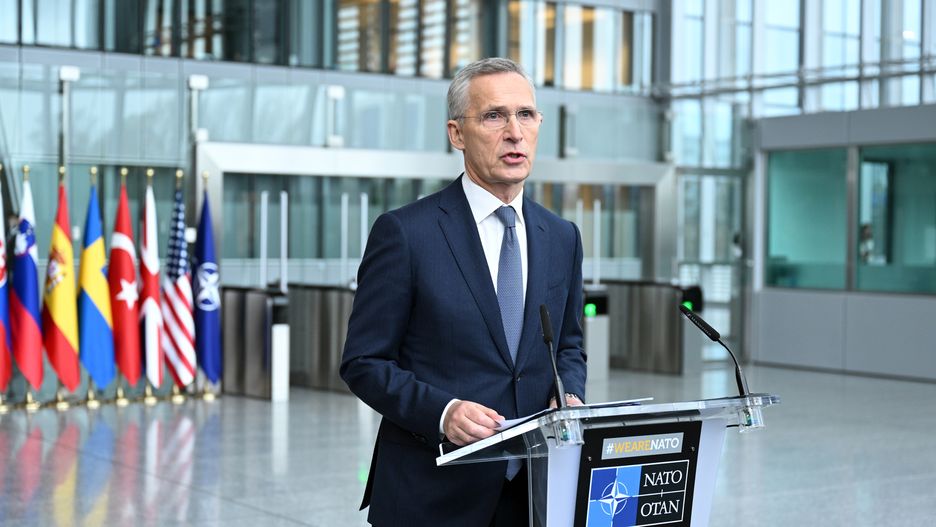 BRUSSELS, BELGIUM - APRIL 03: North Atlantic Treaty Organization (NATO) Secretary General Jens Stoltenberg holds a press conference on the first day of NATO foreign ministers meeting at NATO Headquarters in Brussels, Belgium on April 03, 2024. (Photo by Dursun Aydemir/Anadolu via Getty Images)