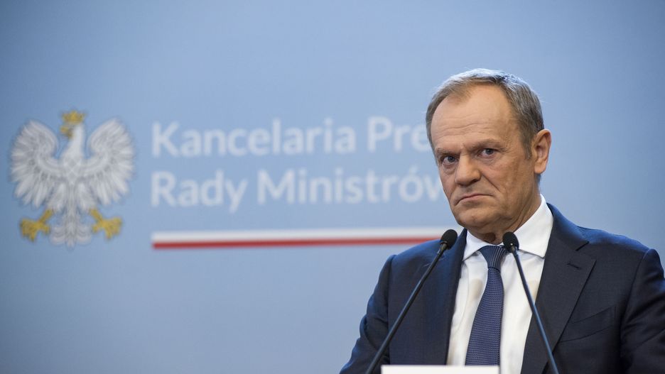 WARSAW, POLAND - 2024/02/19: Polish prime minister Donald Tusk speaks at a press conference with PM Ulf Kristersson in Warsaw. The Swedish Prime Minister Ulf Kristersson visited Poland and met with Donald Tusk, Poland's PM. The prime ministers talked mainly about European security in the context of the Russian invasion in Ukraine and Sweden's accession to NATO. (Photo by Attila Husejnow/SOPA Images/LightRocket via Getty Images)