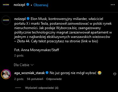 Musk chce kupić mieszkanie w Warszawie. Woźniak-Starak reaguje