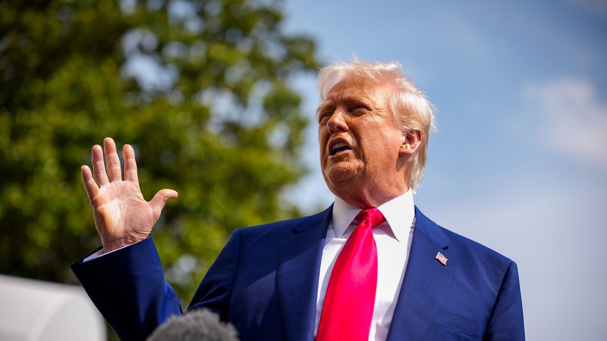 WASHINGTON, DC - APRIL 3: U.S. President Donald Trump speaks to members of the media before boarding Marine One on the South Lawn of the White House on April 3, 2025 in Washington, DC. Trump spoke a day after announcing sweeping new tariffs targeting goods imported to the U.S. on countries including China, Japan and India.(Photo by Andrew Harnik/Getty Images)
