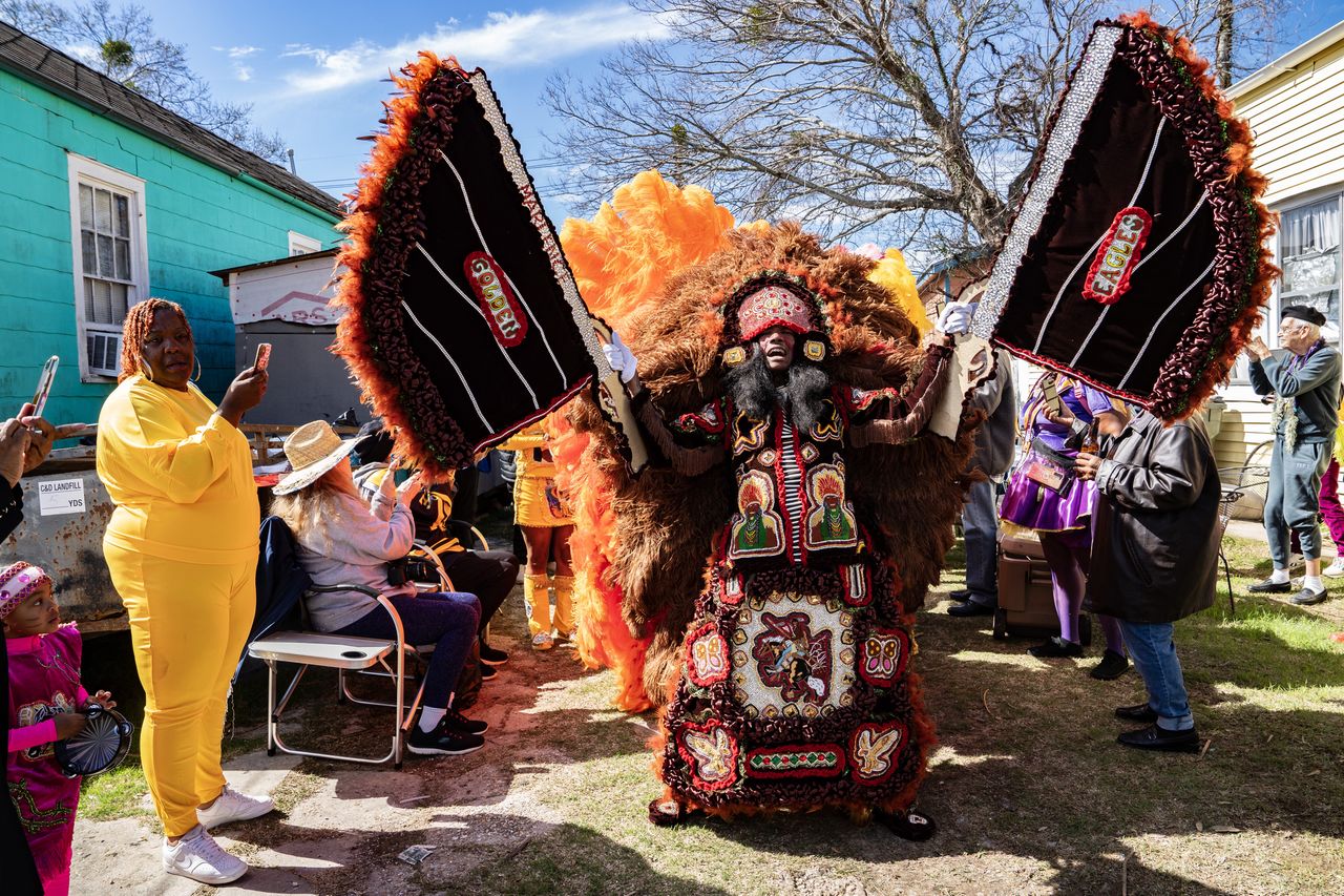 NEW ORLEANS, LOUISIANA - FEBRUARY 13: Gang Flag Marwan Pleasant of the Golden Eagles Mardi Gras Indians is seen during 2024 Mardi Gras on February 13, 2024 in New Orleans, Louisiana. (Photo by Erika Goldring/Getty Images)