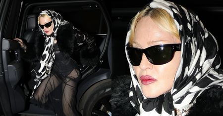 66-letnia Madonna w prześwitujących fatałaszkach próbuje wygrzebać się z limuzyny
