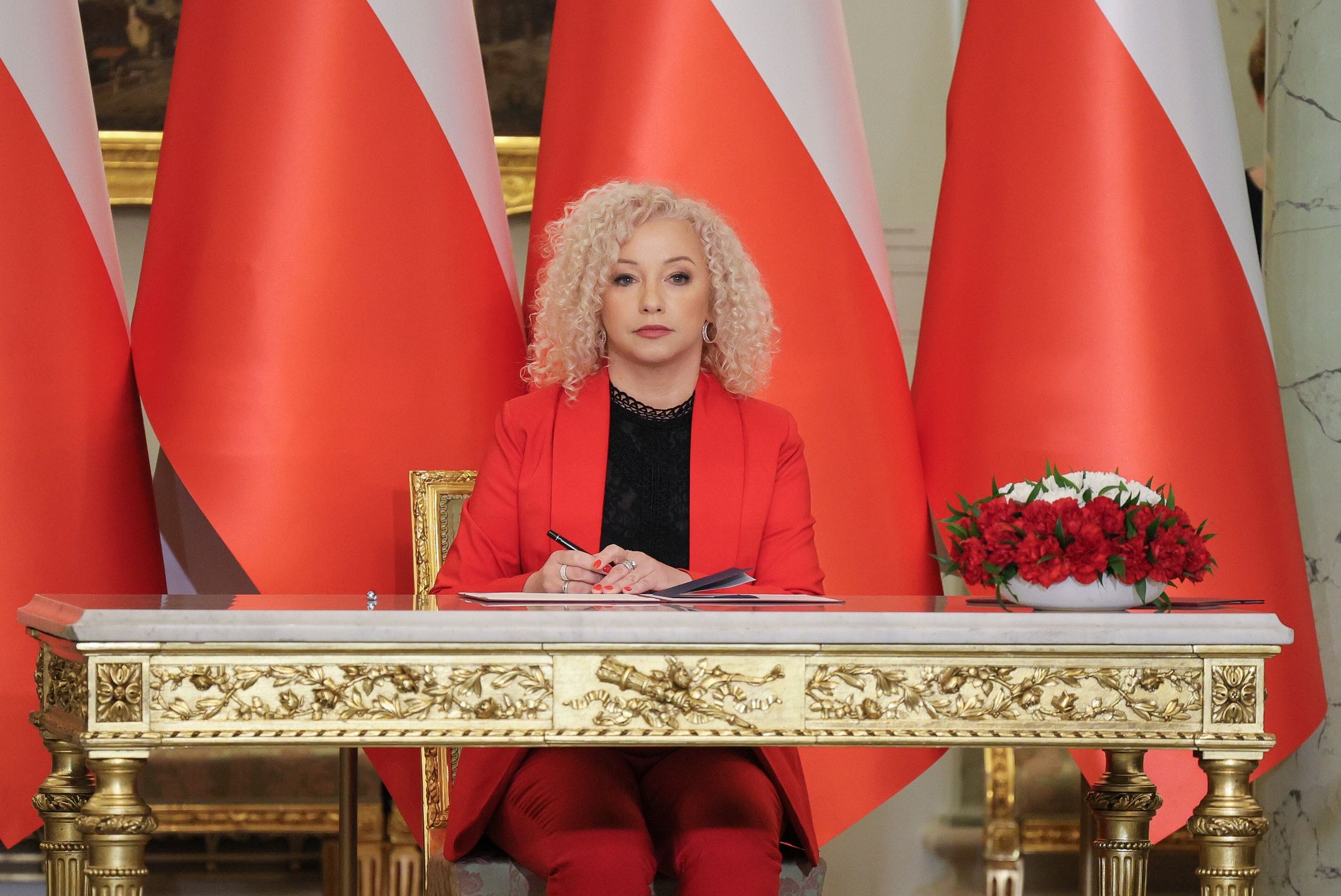 Warszawa, 13.12.2023. Minister do spraw równości Katarzyna Kotula podczas uroczystości zaprzysiężenia kierowanego przez Donalda Tuska gabinetu w Pałacu Prezydenckim w Warszawie, 13 bm. (jm) PAP/Paweł Supernak