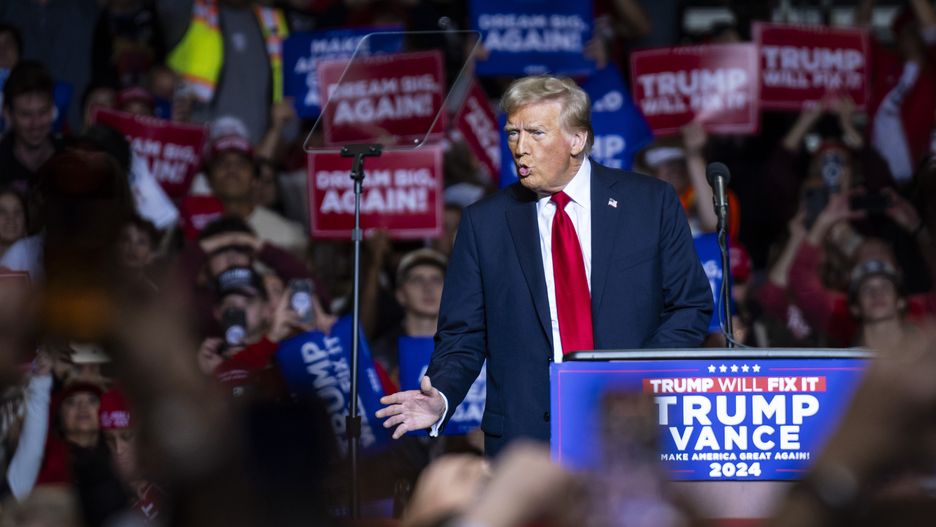 Milwaukee, WI - November 1 : Republican presidential nominee former President Donald Trump walks out to speak at a campaign rally held at the Fiserv Forum in Milwaukee, WI on Friday, Nov. 01, 2024. (Photo by Jabin Botsford/The Washington Post via Getty Images)