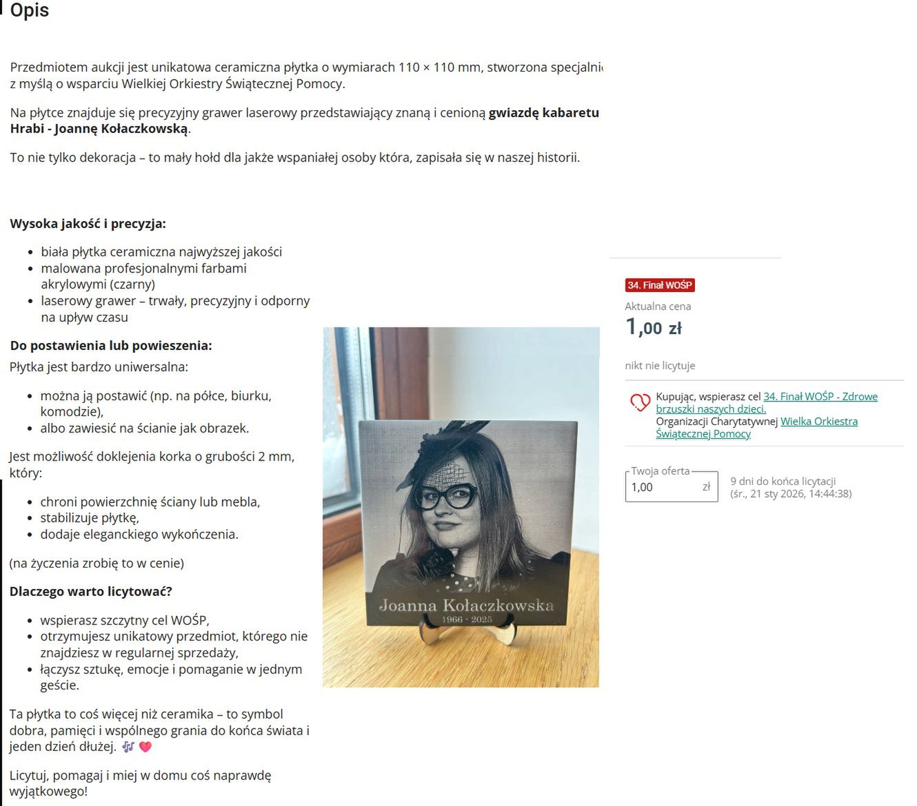 Ozdoba z wizerunkiem Joanny Kołaczkowskiej na licytacji WOŚP