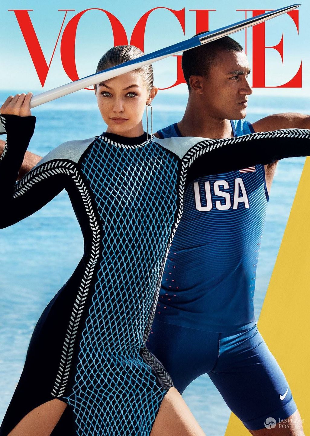 Gigi Hadid i Ashton Eaton na okładce amerykańskiego "Vogue'a", sierpień 2016 (fot. Mario Testino)