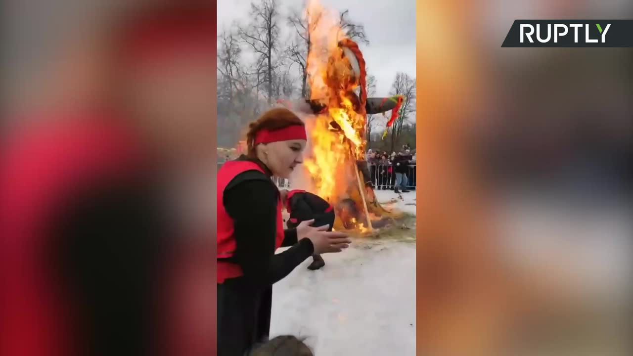 Niebezpieczny wypadek podczas palenia kukły Maslenicy w Rosji.