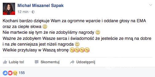 Michał Szpak o przegranej na ESKA Music Awards 2016