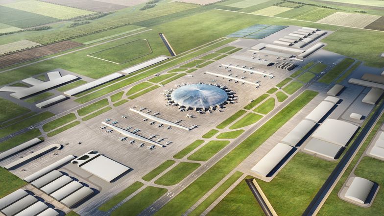 Terminal pod gigantyczną kopułą. Jedna z koncepcji architektonicznych CPK