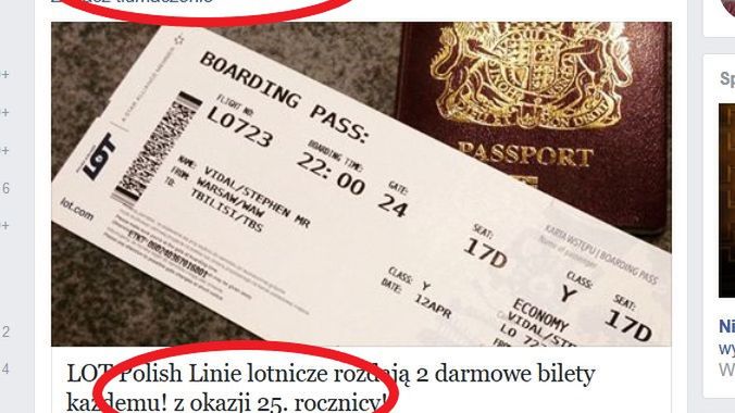 Tak wygląda post, pod którym oszuści podszywają się pod LOT.