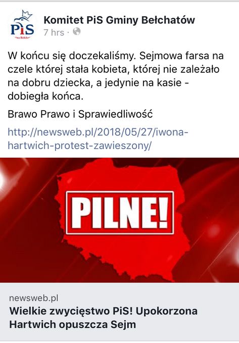 Na profilu Komitetu PiS Gminy Bełchatów nie ma już kontrowersyjnego wpisu 