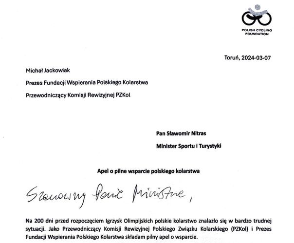Fragment listu Michała Jackowiaka do ministra sportu.