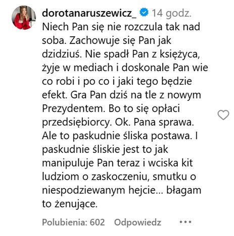 Komentarz Doroty Naruszewicz na Instagramie
