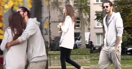 Zakochany Radzimir Dębski całuje dziewczynę na ulicy