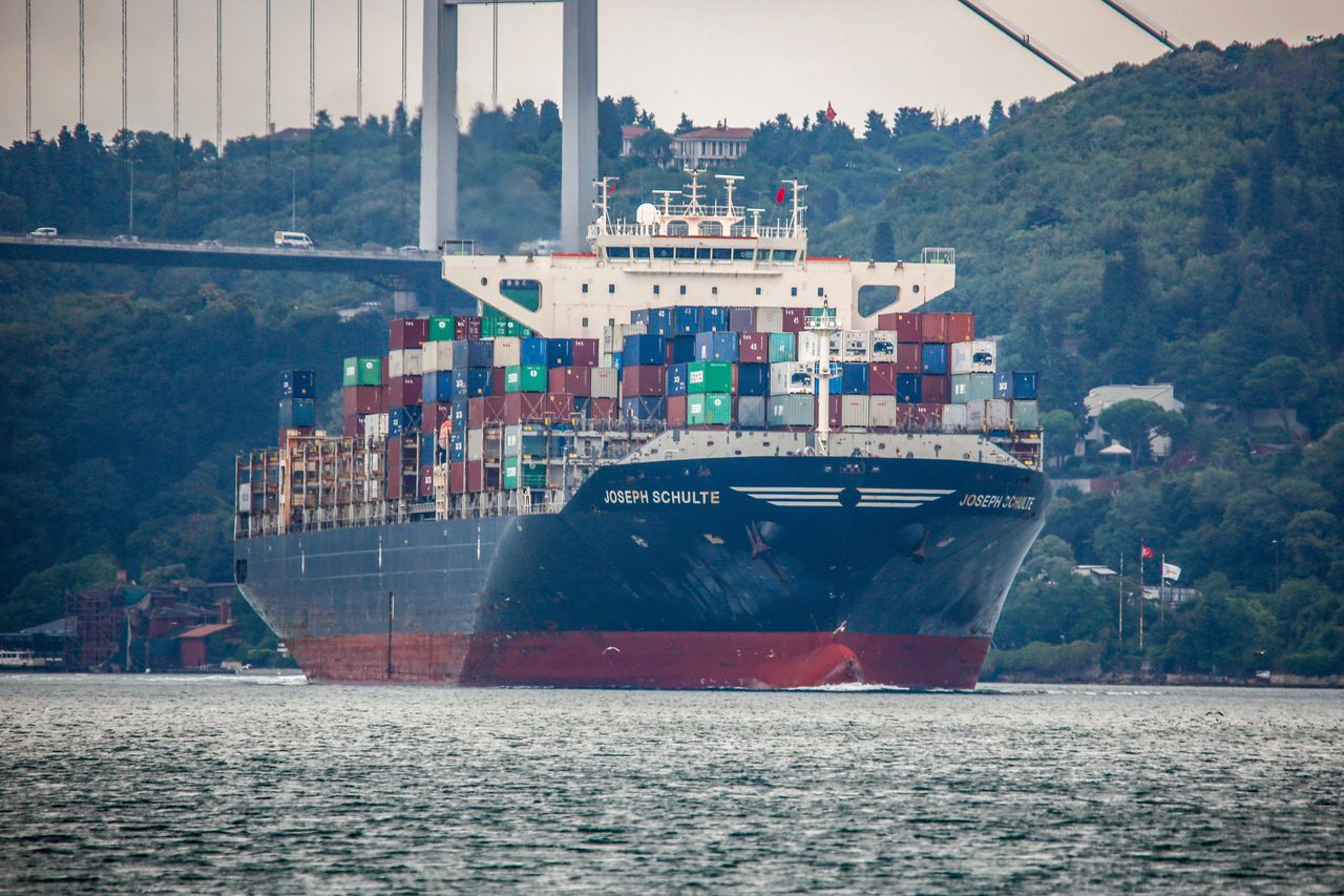 A cargo container ship departing from the port of Odessa on August 18, 2023.