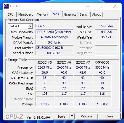 Dane modułów XPG Lancer RGB pokazane przez CPU-Z.