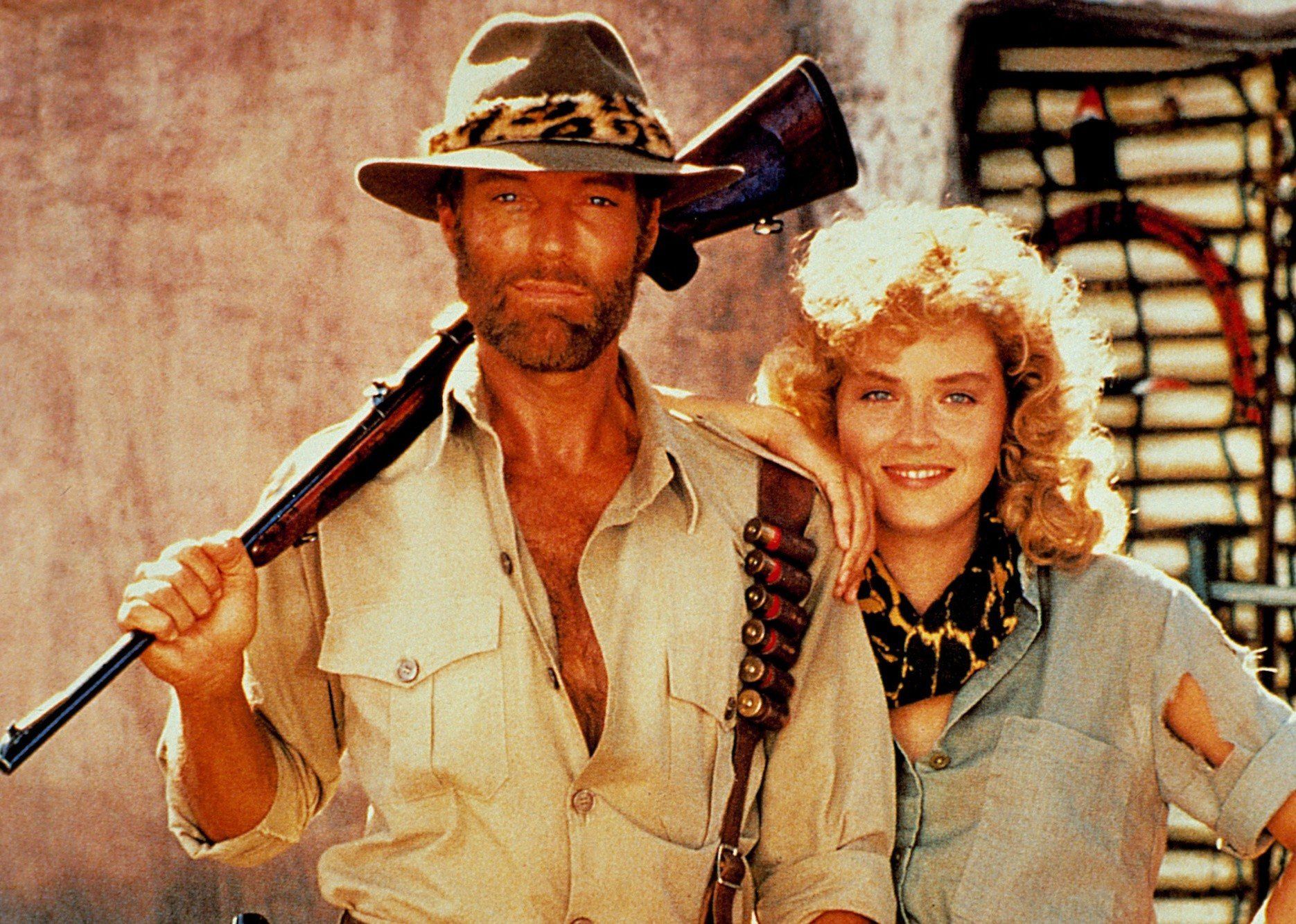 Richard Chamberlain i Sharon Stone na planie filmu Kopalnie króla Salomona z 1985 roku.