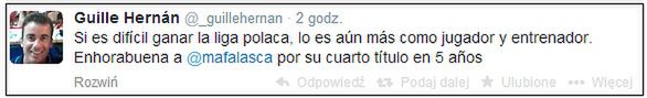 "Jeśli trudno jest wygrać polską ligę, to tym bardziej jako gracz i trener. Gratulacje dla Miguela Falaski za 4 tytuł w ciągu 5 lat"