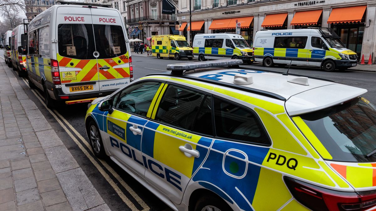 National March For Palestine London
Metropolitan Police vehicles are pictured near Trafalgar Square close to an area where conditions had been imposed under s14(3) Public Order Act 1986 for those attending Palestine Solidarity Campaign events on 18th January 2025 in London, United Kingdom. (photo by Mark Kerrison/In Pictures via Getty Images)
Mark Kerrison
restrictions, public order act, public order act 1986, s14 public order act, great britain, palestine, police vans, policing, right to protest, british, police, demonstration, assembly, english, london, united kingdom, britain, gaza, conditions, metropolitan police vehicles, march for palestine, s14 public order act 1986, police vehicles, national march for palestine