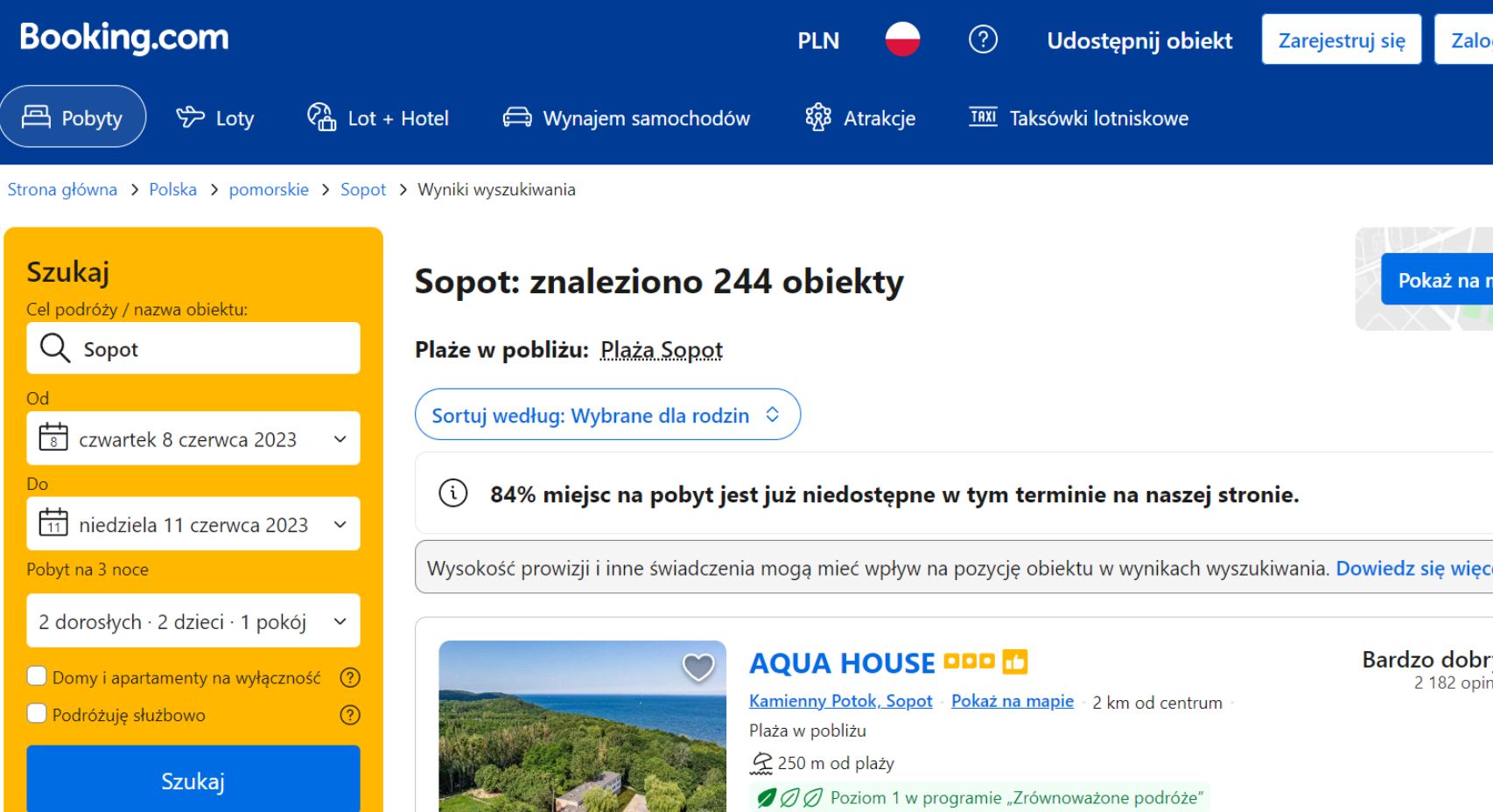 Mimo drogich noclegów w Sopocie niedostępnych jest już 84 pro. miejsc