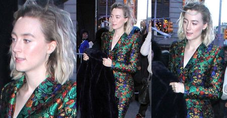 Zaspana Saoirse Ronan w żakardowym garniturze za 9 tysięcy