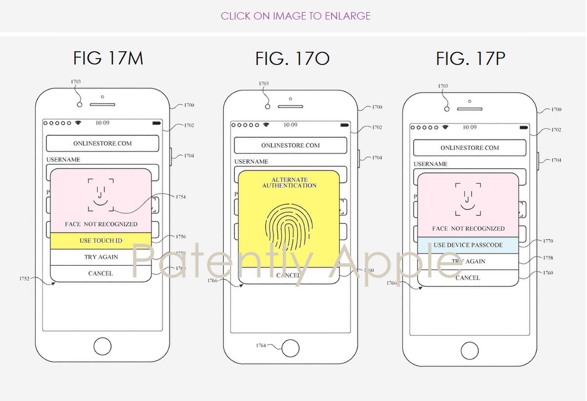 Face ID i Touch ID w iPhonie? (Źródło: patentlyapple.com)