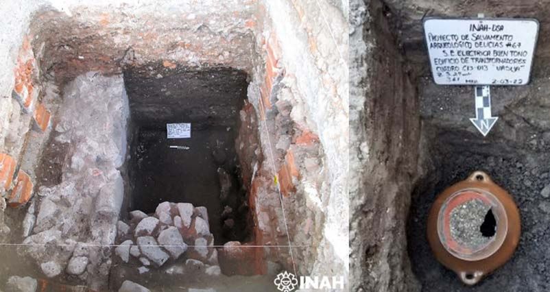 Część odkrytego budynku z czasów Azteków oraz urna pogrzebowa (INAH) 