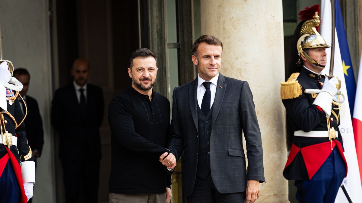 French President Emmanuel Macron welcomes Volodymyr Zelensky, President of Ukraine, at the Elysee Palace in Paris, France, on October 10, 2024. (Photo by Telmo Pinto/NurPhoto via Getty Images)