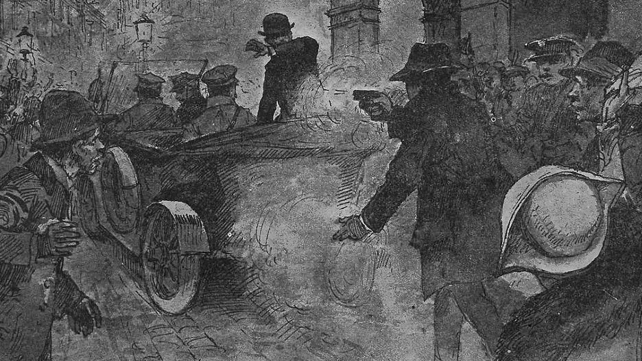 Scena zamachu przedstawiona na okładce „Nowości Illustrowanych”
