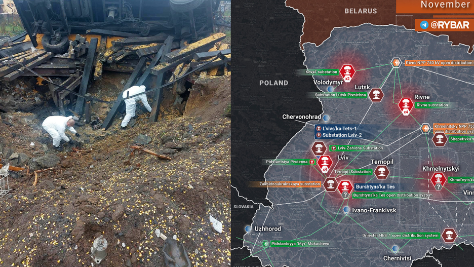 Przewodów. Miejsce wybuchu badają policyjni eksperci. Na grafice obok mapa rosyjskich ataków na cele infrastruktury energetycznej w Ukrainie