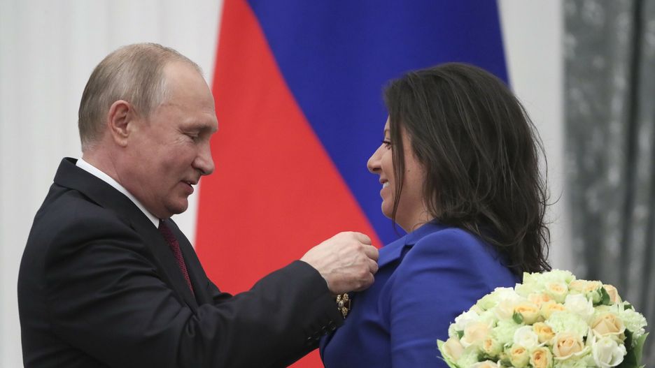 Temporary
Russian President Vladimir Putin awards Margarita Simonyan, the head of the Russian television channel RT with the Order of Alexander Nevsky during an awarding ceremony in the Kremlin in Moscow, Russia, Thursday, May 23, 2019. (Evgenia Novozhenina/Pool Photo via AP)
Pool Reuters