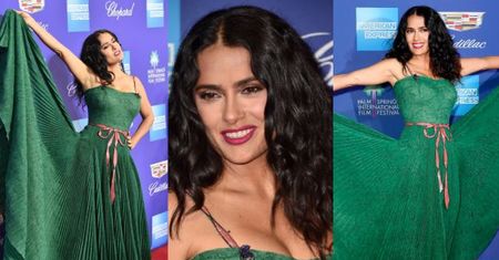 Szczęśliwa Salma Hayek popisuje się suknią Gucci