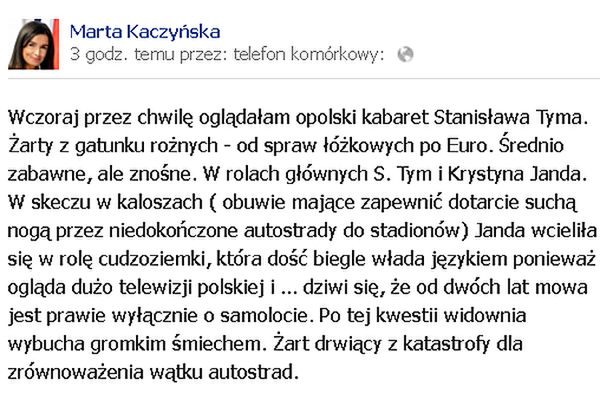 Marta Kaczyńska o kabarecie Stanisława Tyma: dawno nie byłam tak rozczarowana