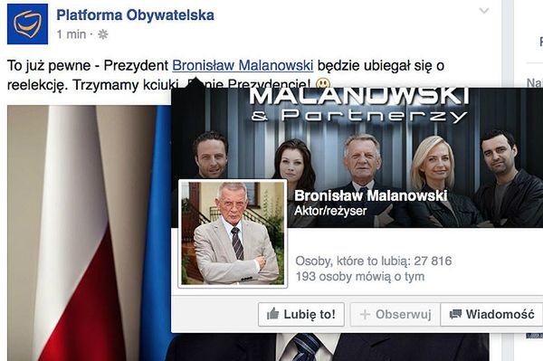 Wpadka Platformy Obywatelskiej na Facebooku. Malanowski czy Komorowski?