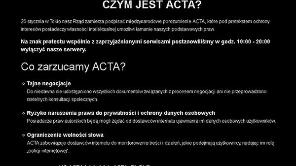 Plansza, która na godzinę pojawiła się w protestujących serwisach