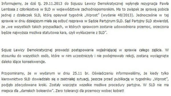 Oświadczenie partii ws. sytuacji w zachodniopomorskim SLD