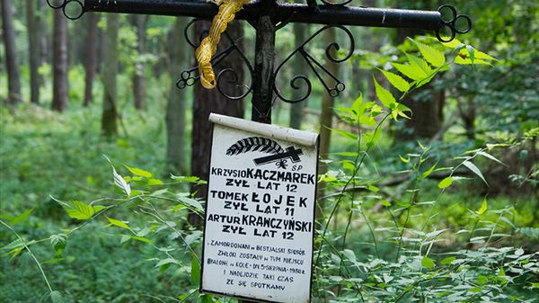 Pomnik w lesie, w miejscu gdzie w sierpniu 1988 r. Mariusz Trynkiewicz spalił zwłoki trzech chłopców