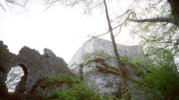 Ruiny gotyckiego zamku z XIV wieku we wsi Smoleń, na zdjęciu z 1997 r.