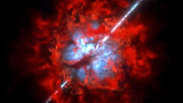 Artystyczna wizja otoczenia wokół błysku gamma GRB 020819B