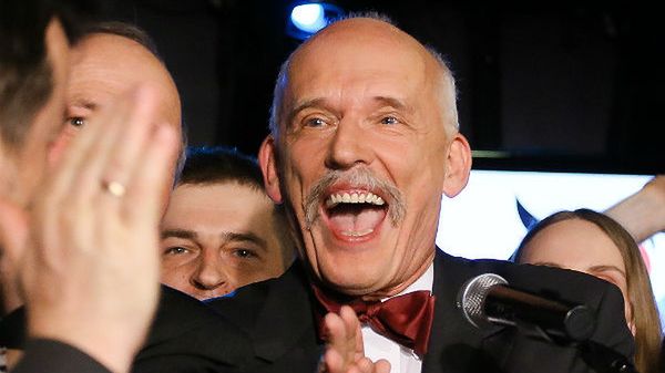 Janusz Korwin-Mikke chwilę po ogłoszeniu wstępnych wyników wyborów