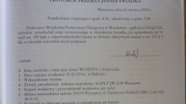 Fragment protokołu z przesłuchania por. Artura W.