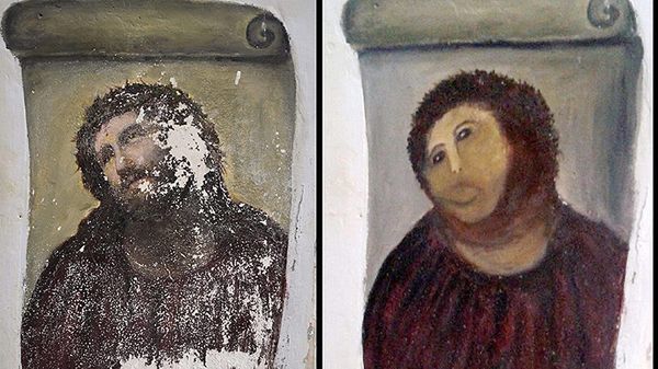 Zniszczony oryginał i fresk po renowacji