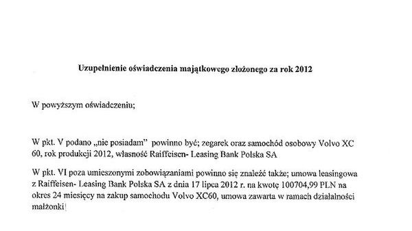 Uzupełnienie Sławomira Nowaka do oświadczenia o stanie majątkowym