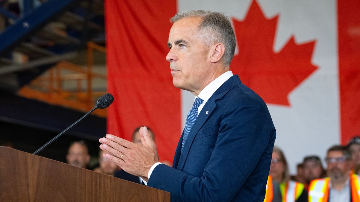 Mark Carney, Canada's prime minister, during a news conference at the Walters Group steel construction facility in Hamilton, Ontario, Canada, on Wednesday, July 16, 2025. Canada will reduce the amount of foreign steel that importers can bring in tariff-free, a move to help domestic producers suffering from US President Donald Trump's levies on the sector.  Photographer: Arlyn McAdorey/Bloomberg via Getty Images