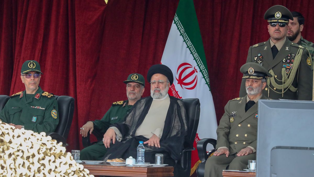 TEHRAN, IRAN - APRIL 17: Iran's President Ebrahim Raisi attends a military parade alongside high-ranking officials and commanders during a ceremony marking the country's annual army day on April 17, 2024. in Tehran, Iran. The Islamic Republic of Iran Army Day is celebrated annually on April 17.(Photo by Contributor/Getty Images)