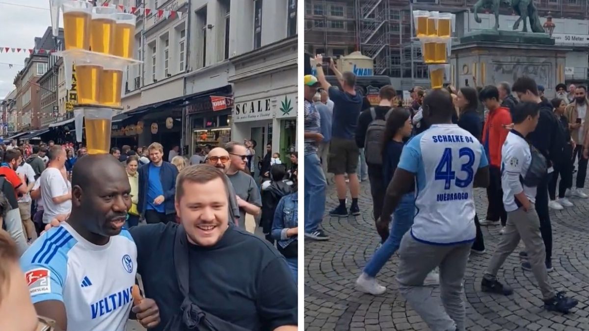 Twitter / Dominik Wardzichowski / kibic z pełnymi kubkami na głowie