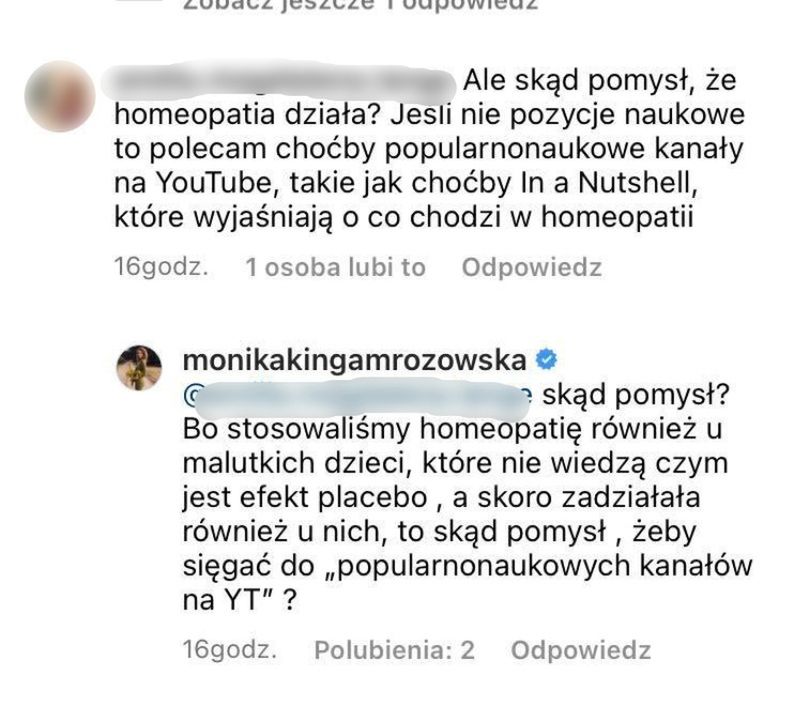 Monika Mrozowska dyskutuje z internautami o homeopatii