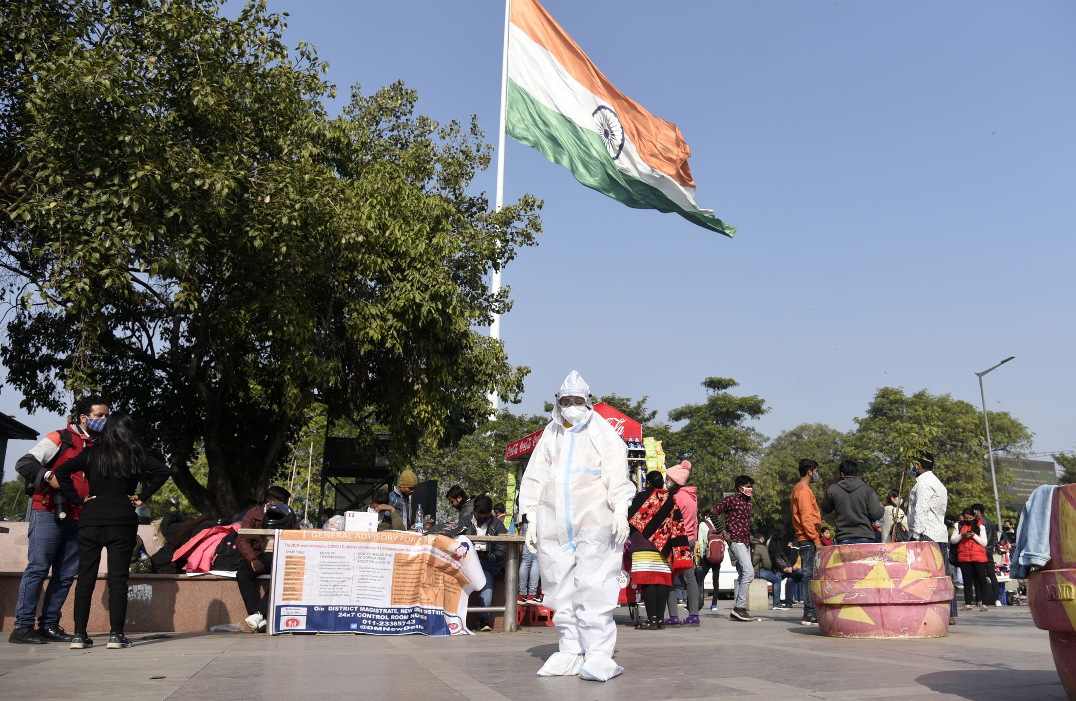 A health worker sitting as she is waiting for people to take swab sample for COVID-19 test, at Counnaught Place in New Delhi on 12 January 2021.   (Photo by David Talukdar/NurPhoto via Getty Images)